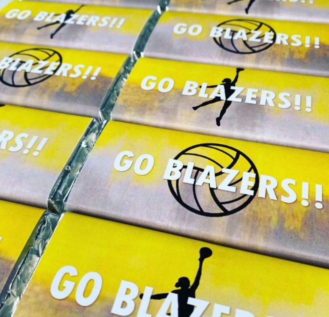 Stacked yellow boxes with the message 'GO BLAZERS!!' and a basketball logo, supporting the Portland Trail Blazers basketball team.