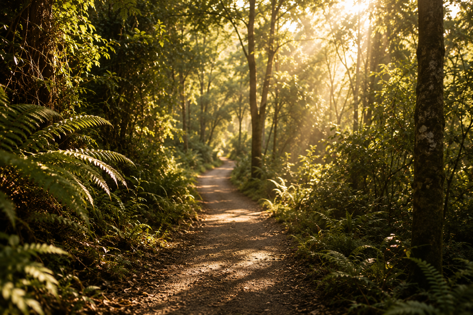 A dirt trail winds through a lush green forest with sunlight filtering through the trees.