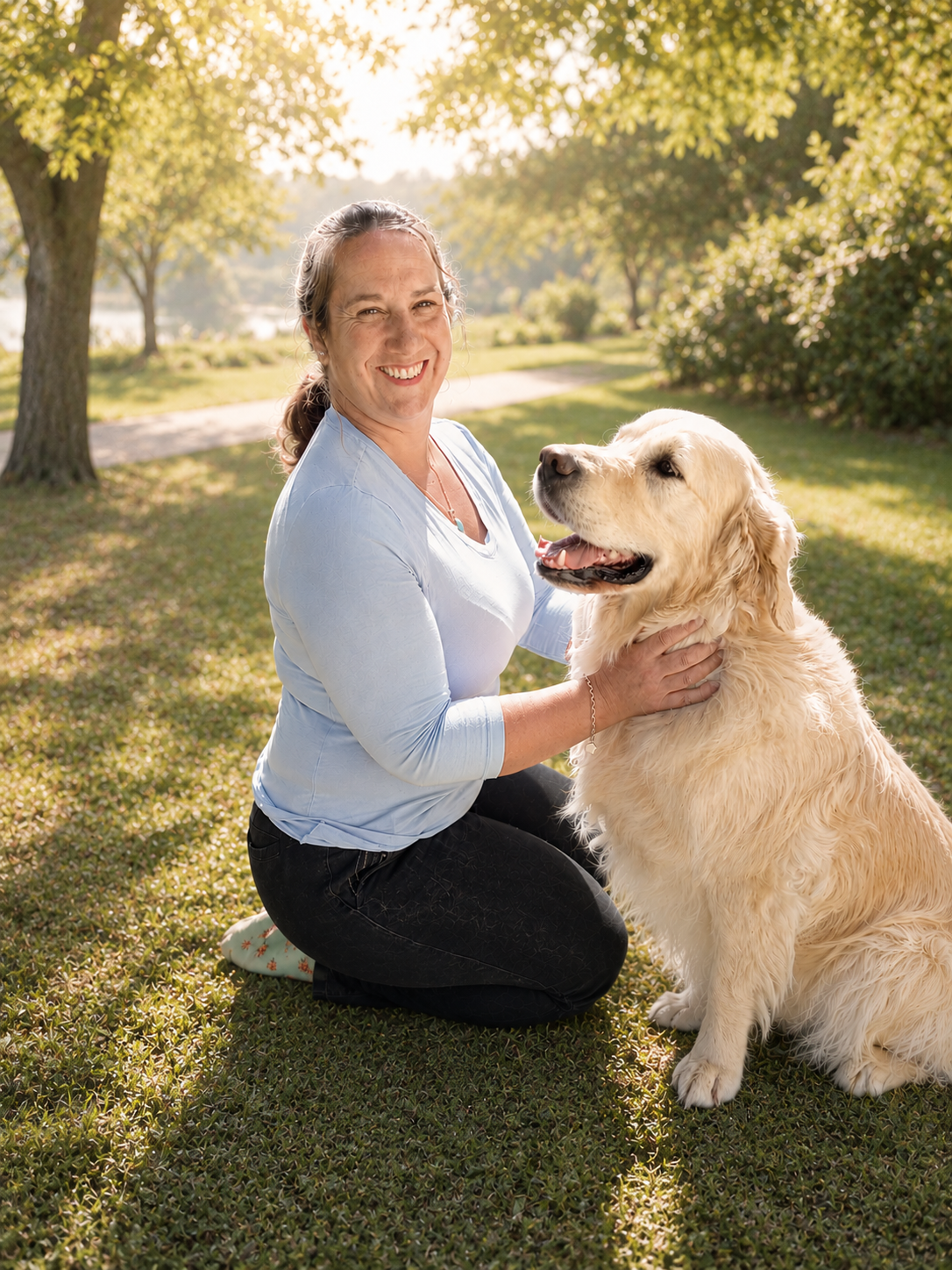 A woman with brown hair in a ponytail kneeling on grass with a golden retriever dog outdoors during daytime, surrounded by trees and sunlight.