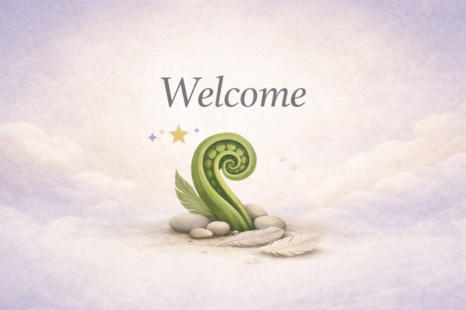 A digital illustration with the word 'Welcome' above a green fern frond curled in a spiral, surrounded by clouds, pebbles, and pastel-colored stars.