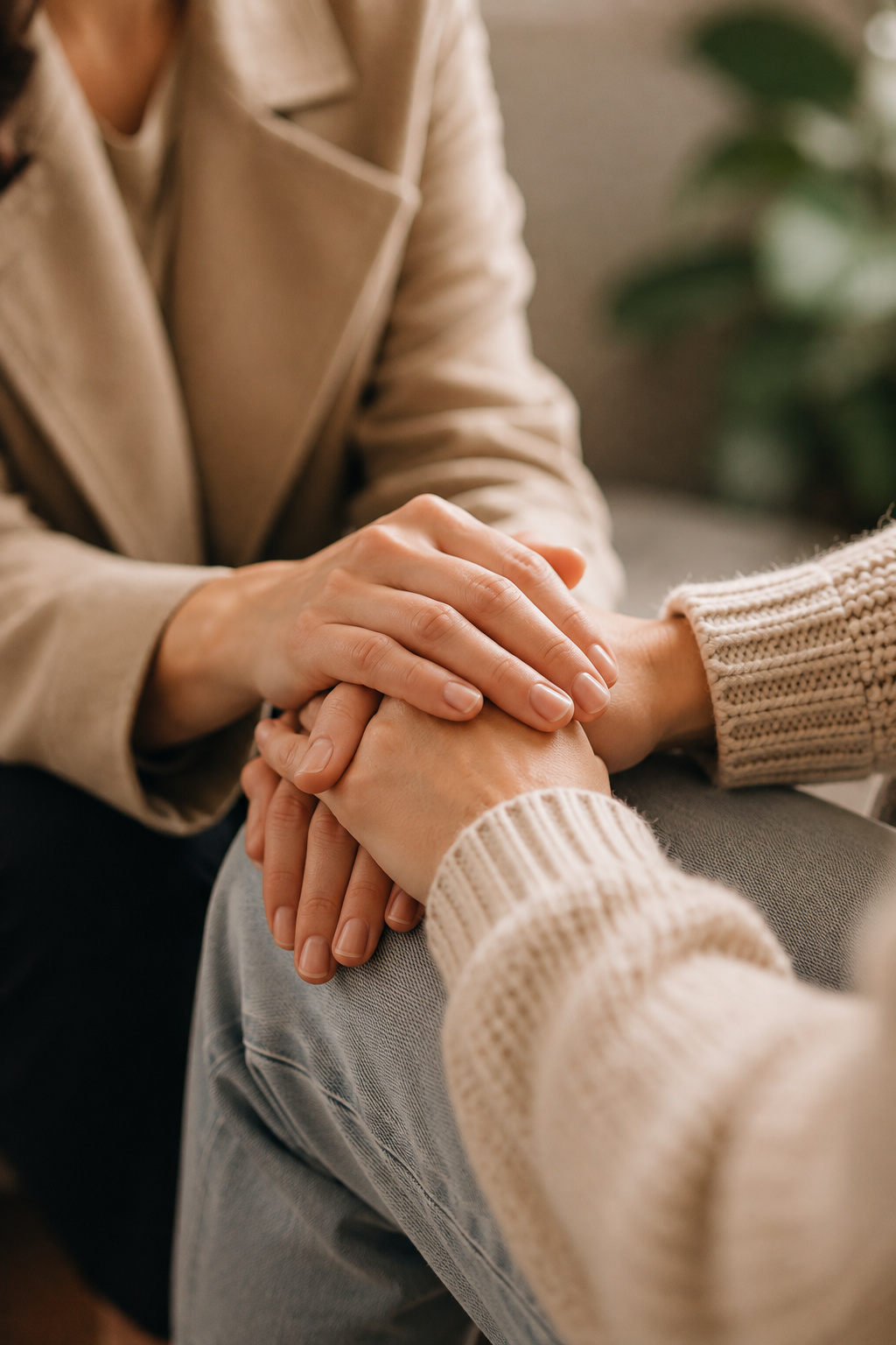 Counsellor gently holding a client's hands during a baby loss counselling session in New Zealand.