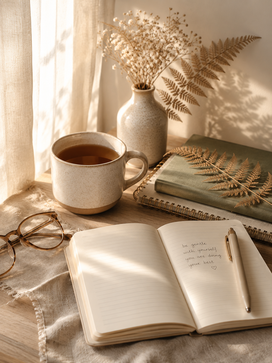 Baby loss grief counselling resources with journal, notebook, tea and reading glasses in a calm reflective setting.