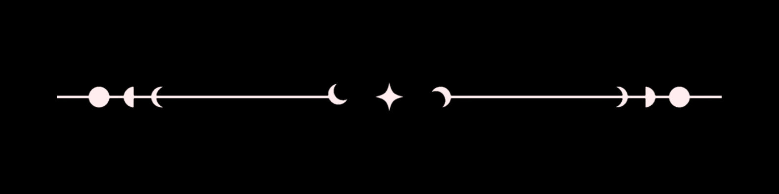 Black background with a horizontal line of white moon phases and stars, including a full moon, crescent moons, and a star in the center.