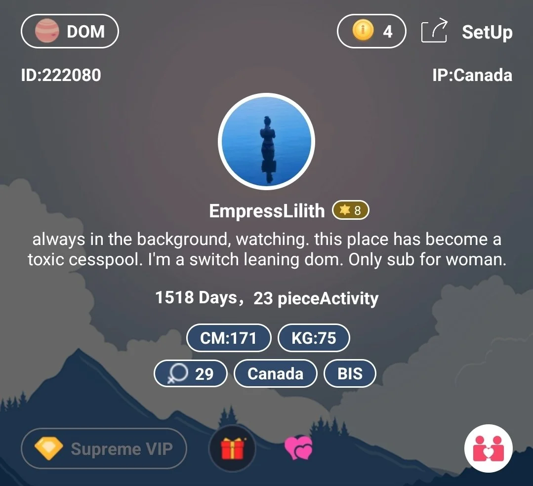 Profile screen showing user EmpressLilith with a blue profile picture, a background depicting a mountain and water, and various stats and icons including coins, activity, and location in Canada.