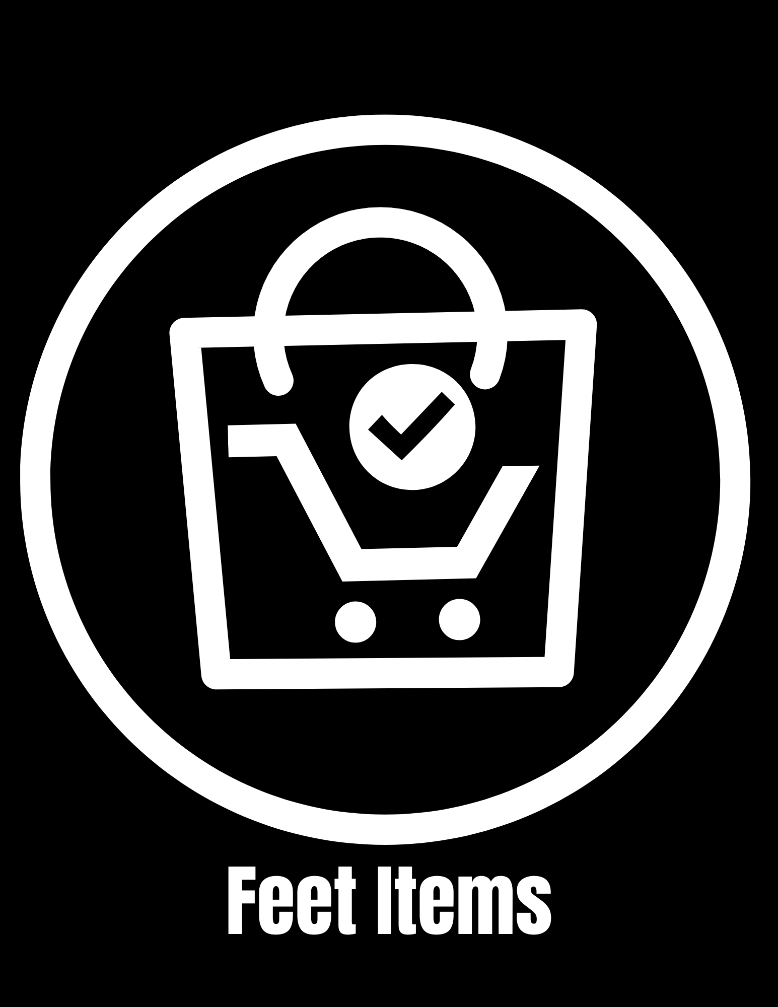 Icon of a shopping bag with a checkmark inside a circle on it, labeled 'Feet Items'.