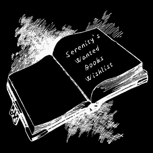 Open book with handwritten text on the right page that reads "Serenity's Wanted Books Wishlist" in black and white illustration style.