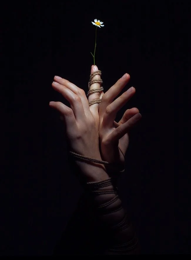 A hand with brown string wrapped around fingers, holding a small daisy flower against a black background.