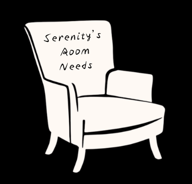 An armchair with a sign that says "Serenity's Room Needs" in black and white.