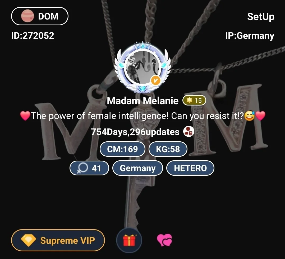 A digital profile screen displaying a user named Madame Melanie, with a background of a key and the word 'M' on it. The profile includes stats and icons, such as a badge with a checkmark, a crown, and a star with the number 15. The profile description mentions female intelligence and resistance, with details about days, updates, height, weight, gender, country, and gender orientation. Icons for VIP, a gift, and a heart are also visible.