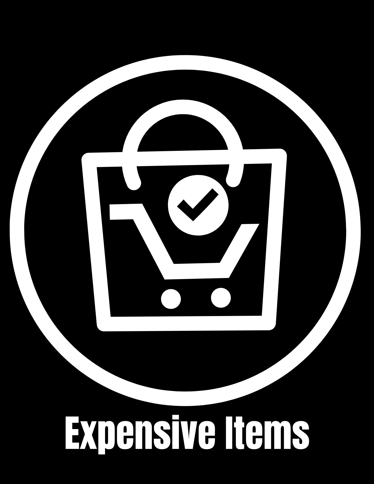 Black and white icon of a shopping bag with a check mark inside a circle, labeled 'Expensive Items'.