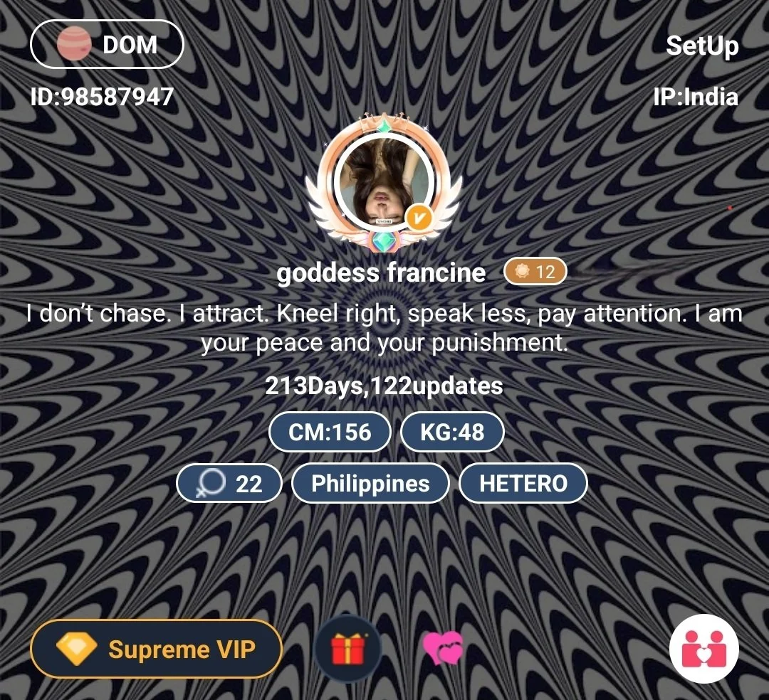 A digital profile card for a user named goddess francine, showing their profile picture, a circular icon with an upside-down selfie of a woman with long hair, surrounded by decorative elements. The background has a swirling, hypnotic black and white pattern. The profile indicates she is from the Philippines, mentions her height and weight, and her status as hetero. It includes a quote about attraction and attention, a commitment of 213 days with 122 updates, and various icons for status, points, and badges, including a VIP badge and a gift icon.