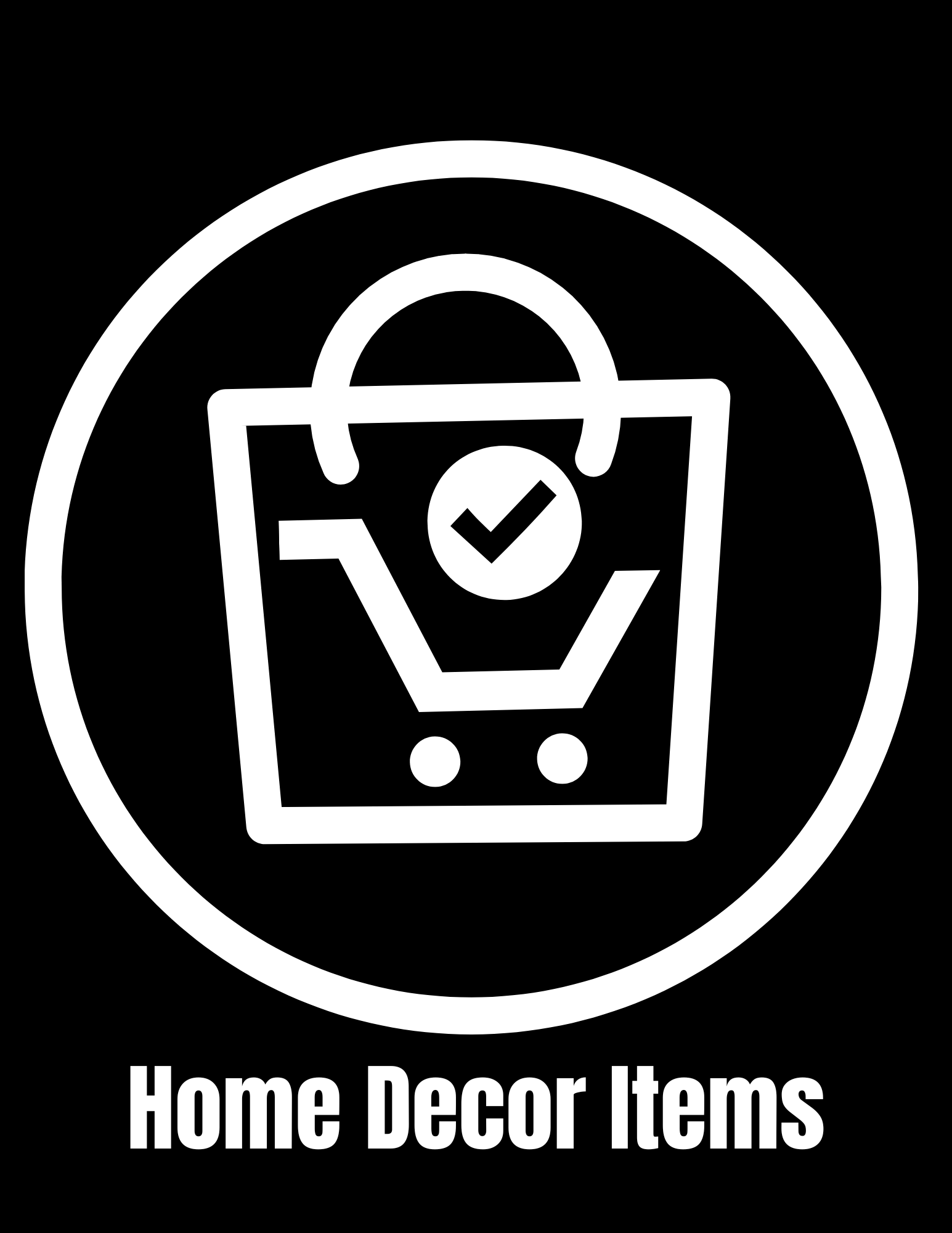 Icon of a shopping bag with a checkmark inside, surrounded by a circle, with the text 'Home Decor Items' below.