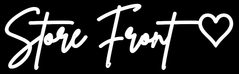 The phrase "Store Front" written in white cursive script with a heart on a black background.