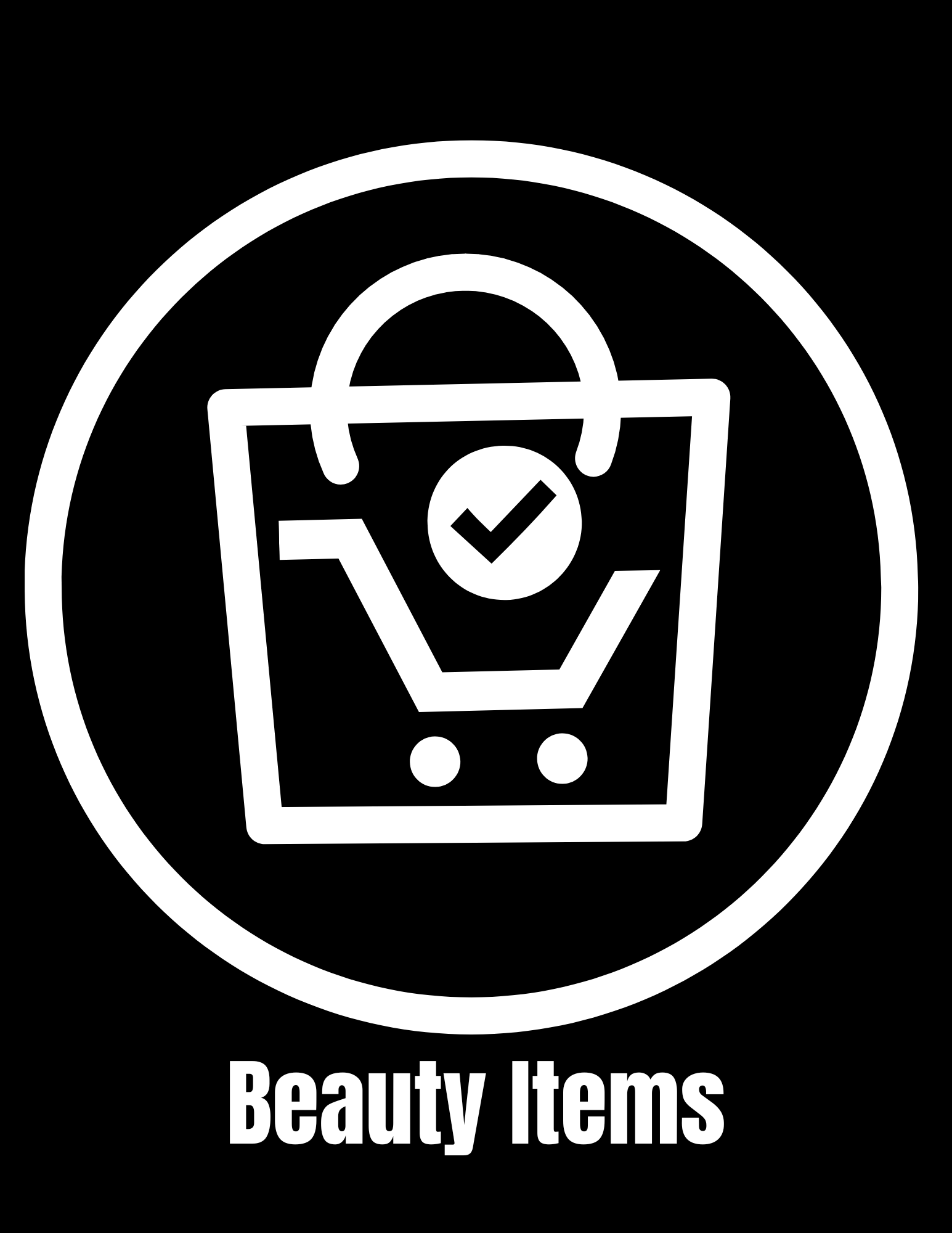 Icon of a shopping bag with a check mark inside and the words 'Beauty Items' underneath.
