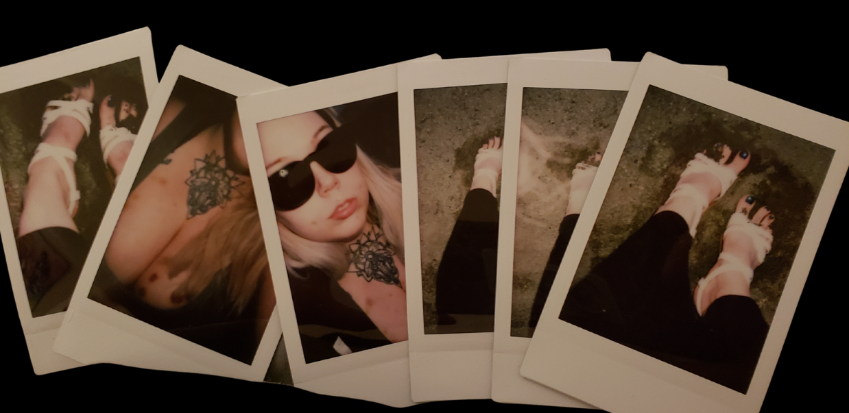 Series of six instant photographs of a woman with blonde hair, tattoos, wearing sunglasses, a light-colored top, black pants, and white sandals with a thick sole, taken on grass during the daytime.