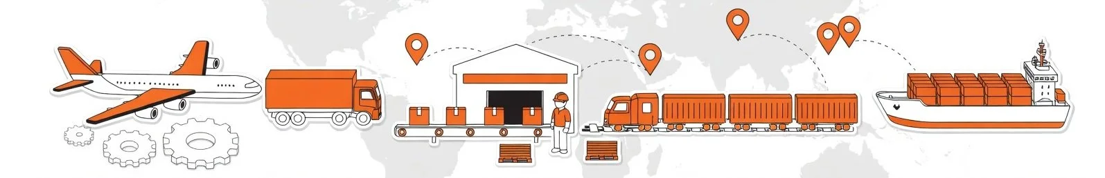 Illustration of global shipping and transportation process including airplane, gears, truck, warehouse, worker, railcars, and cargo ship, with a world map background and location markers.