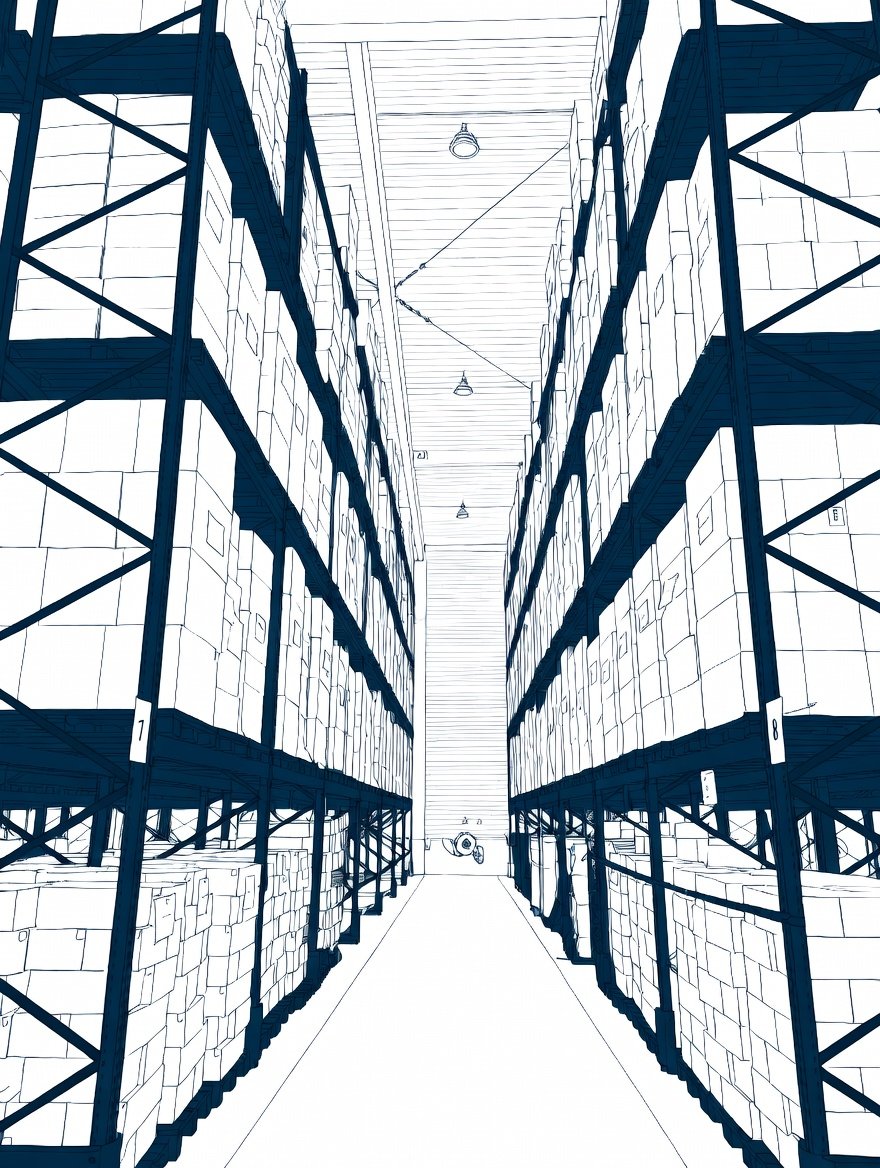 Warehouse aisle with tall shelves filled with boxes, viewed from the ground looking up.