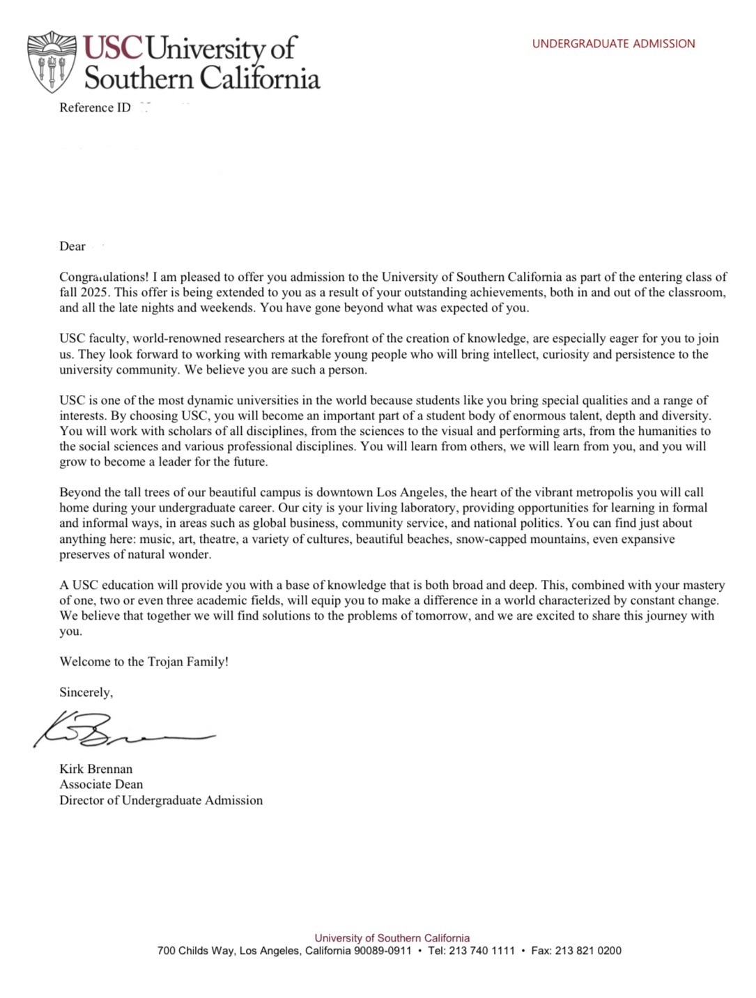 Acceptance letter from USC University of Southern California for fall 2025, signed by Kirk Brennan, Associate Dean of Undergraduate Admission, featuring USC logo at the top.