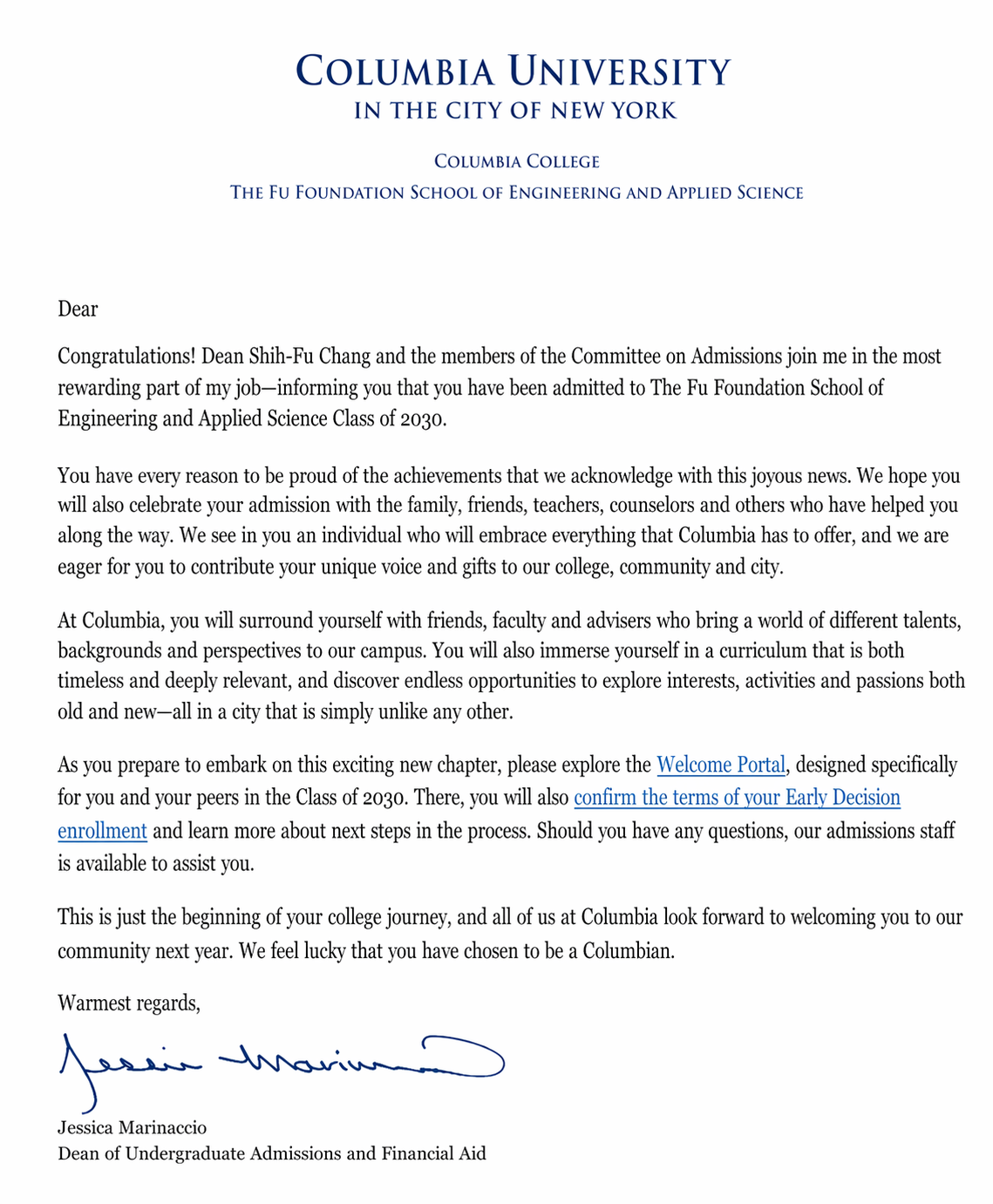 Acceptance letter from Columbia University congratulating a student on admission to the Class of 2030, signed by Jessica Marinaccio.