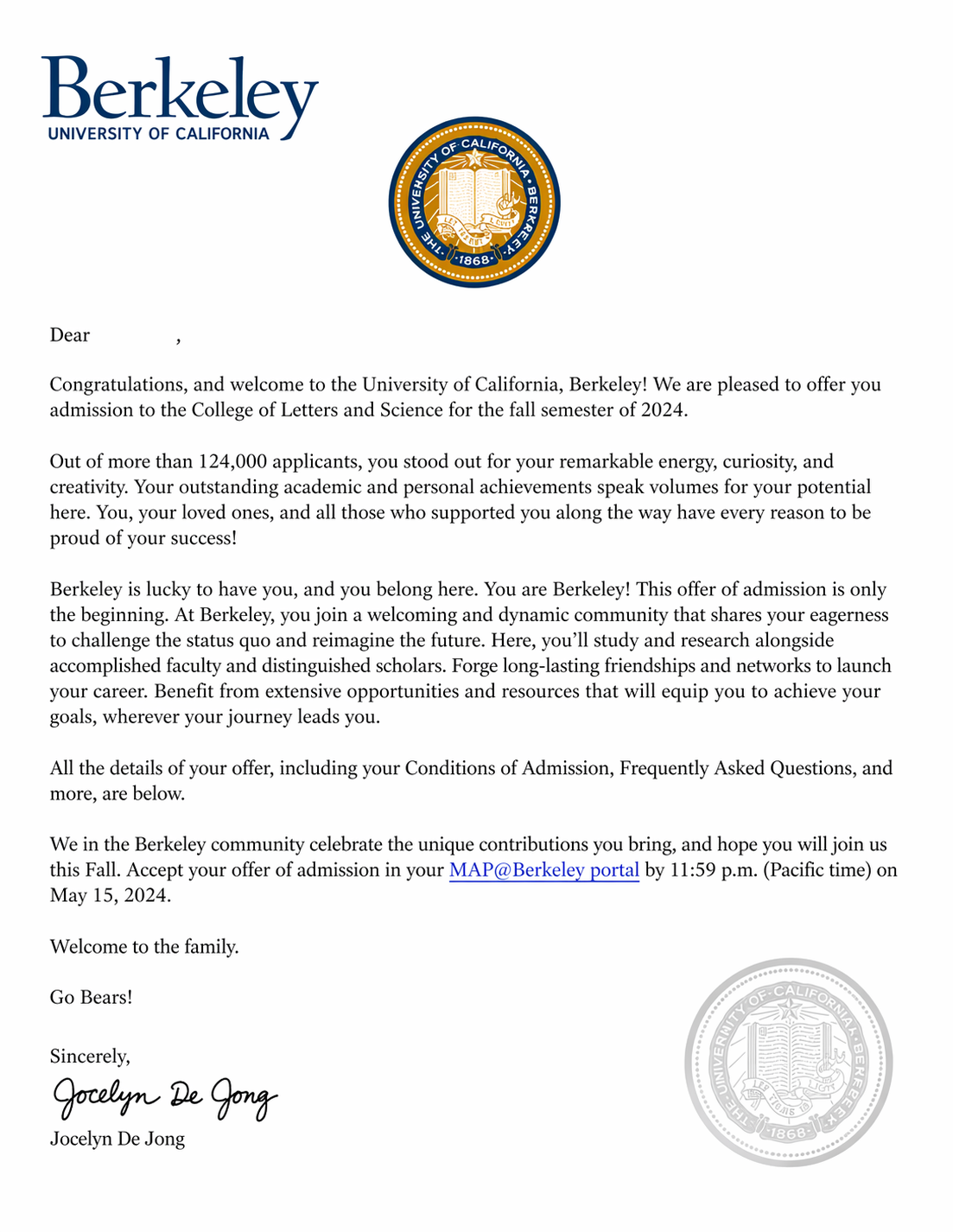 Official acceptance letter from the University of California, Berkeley, with the university's logo at the top and seal at the bottom right corner.
