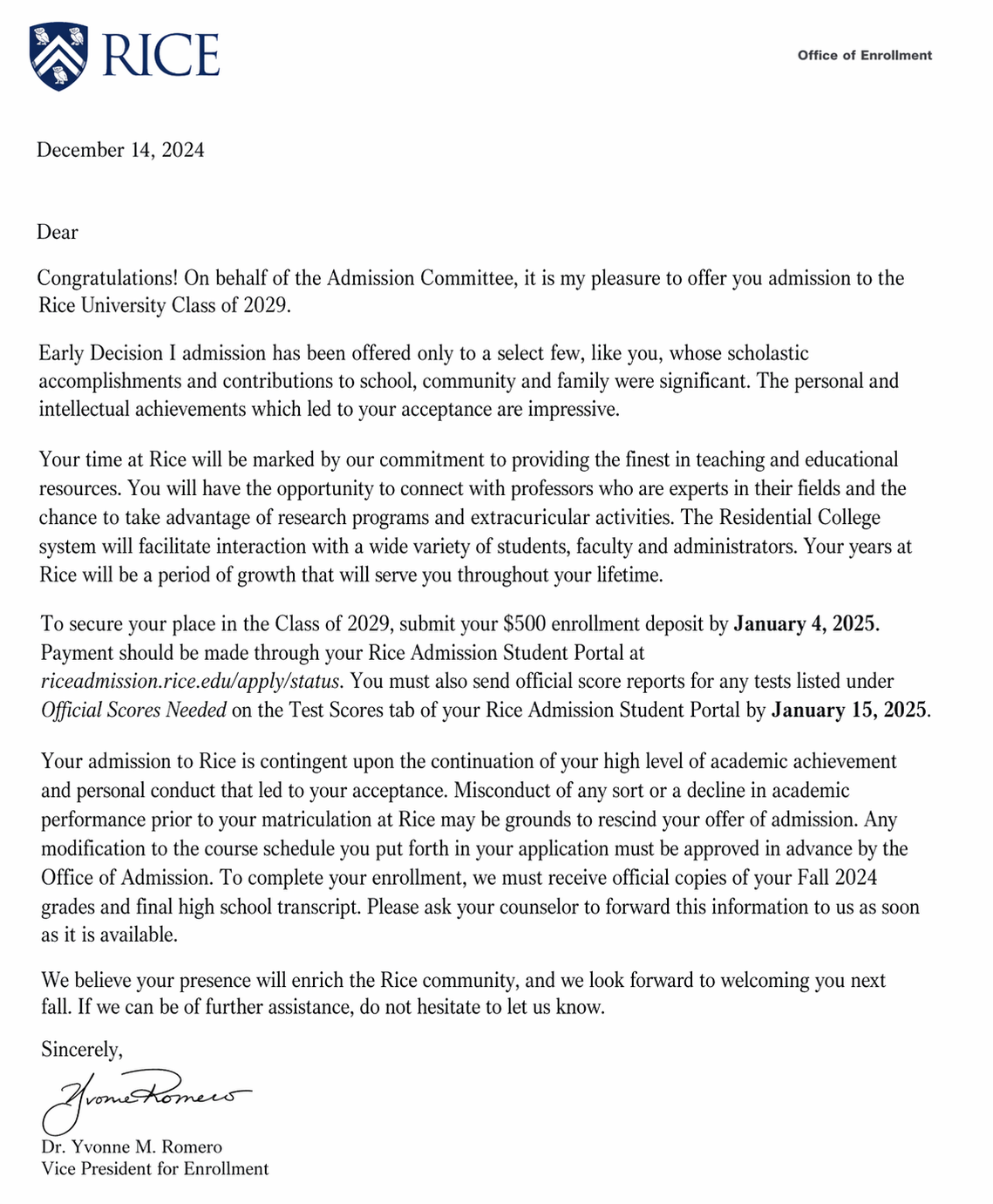A formal letter from Rice University Vice President for Enrollment, dated December 14, 2024, offering admission to the Rice University Class of 2029, signed by Dr. Yvonne Romero.