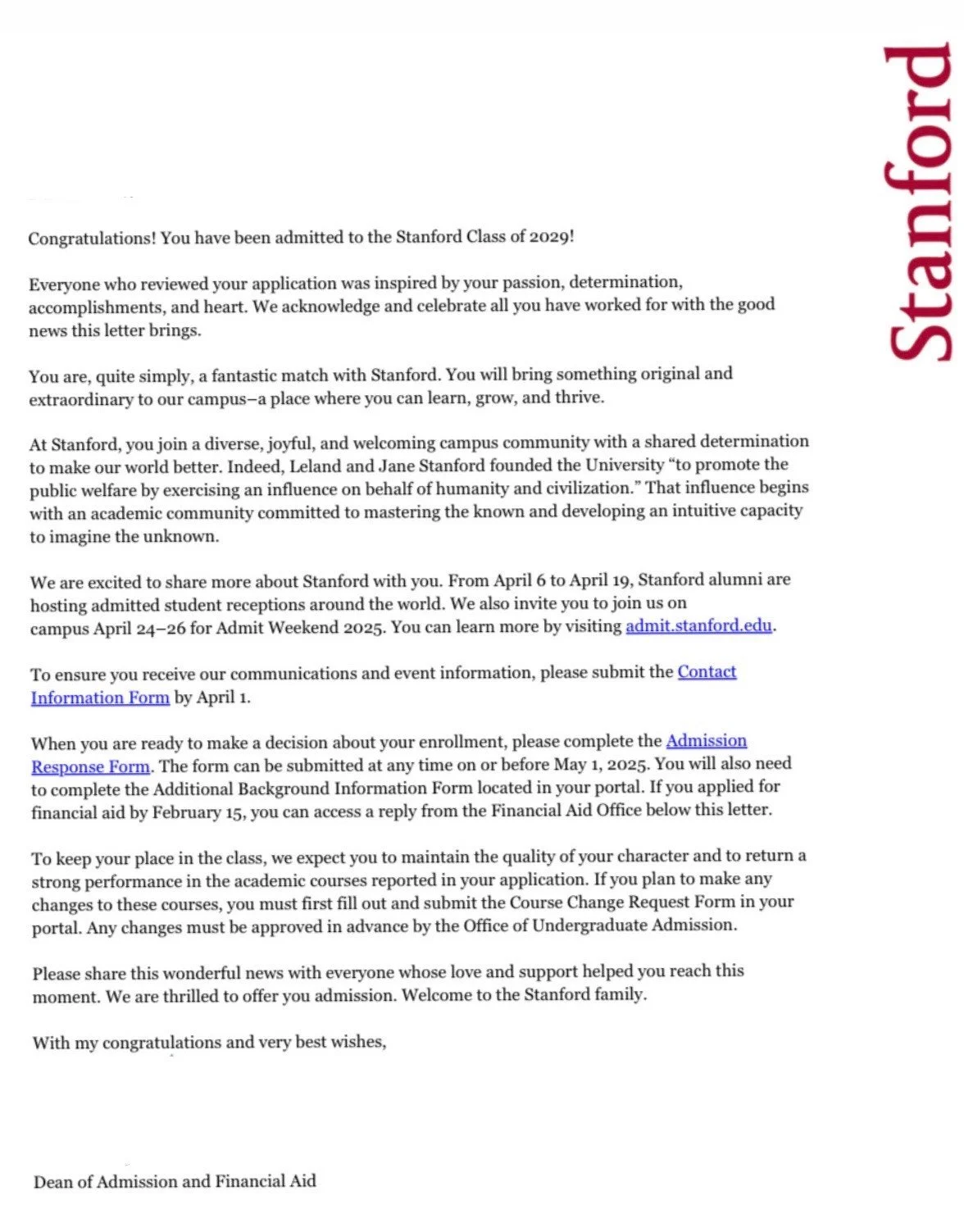 Acceptance letter from Stanford University for the class of 2029, with details on orientation, admissions process, and contact information, written in black text on a white background with a red vertical "Stanford" logo on the right side.