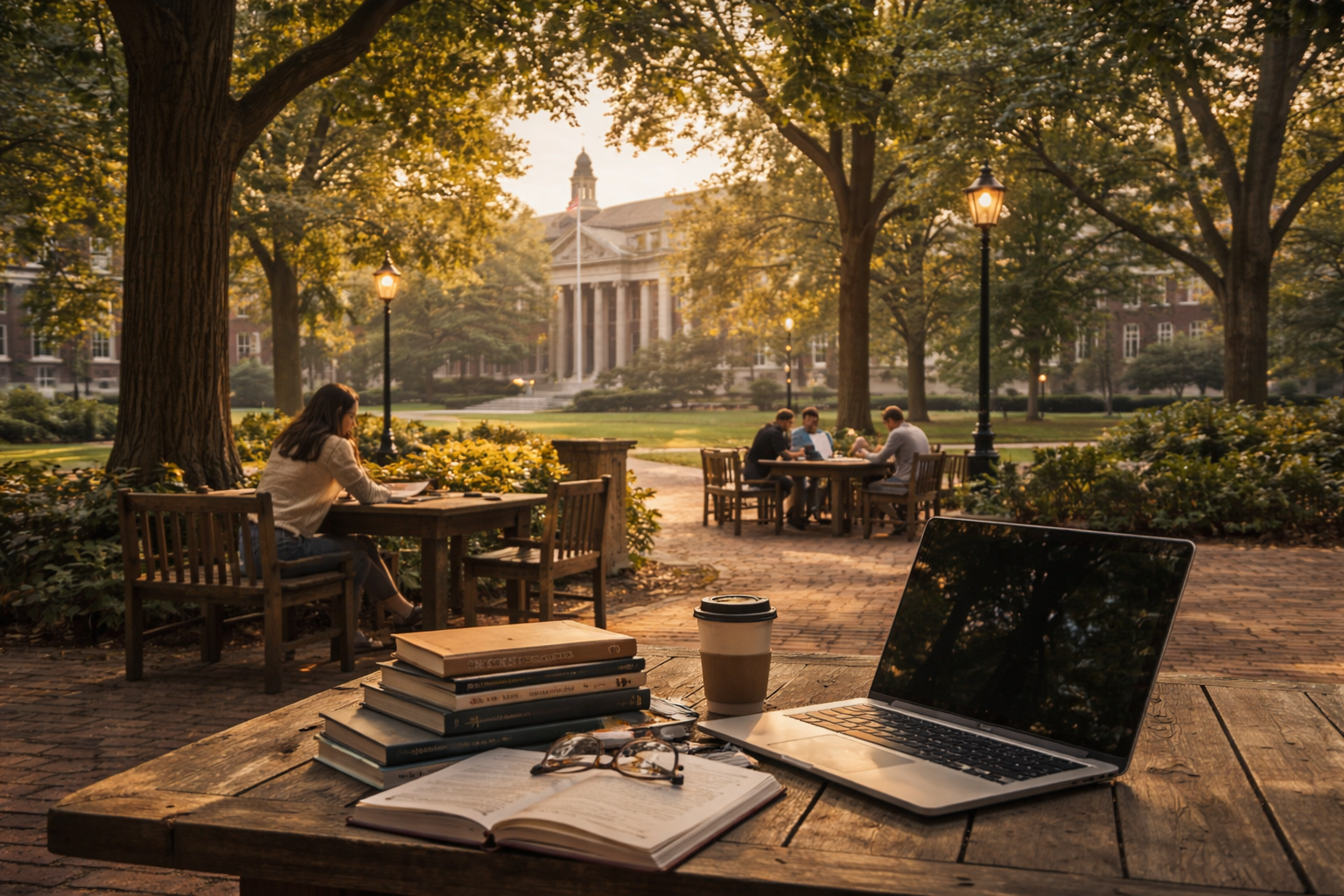 A laptop, stack of books, glasses, and a coffee cup on a wooden table outdoors, with people working in a park surrounded by trees and historic buildings in the background.