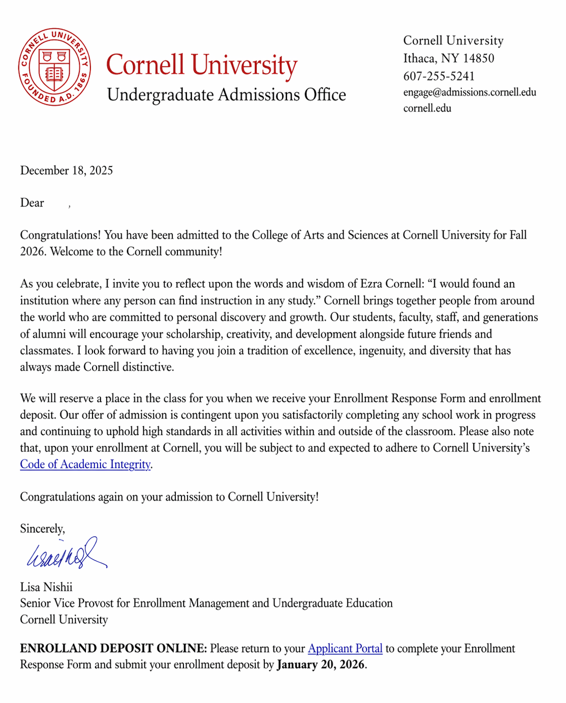 Acceptance letter from Cornell University for undergraduate admission, dated December 18, 2025, congratulating the recipient on their acceptance to the College of Arts and Sciences for Fall 2026.