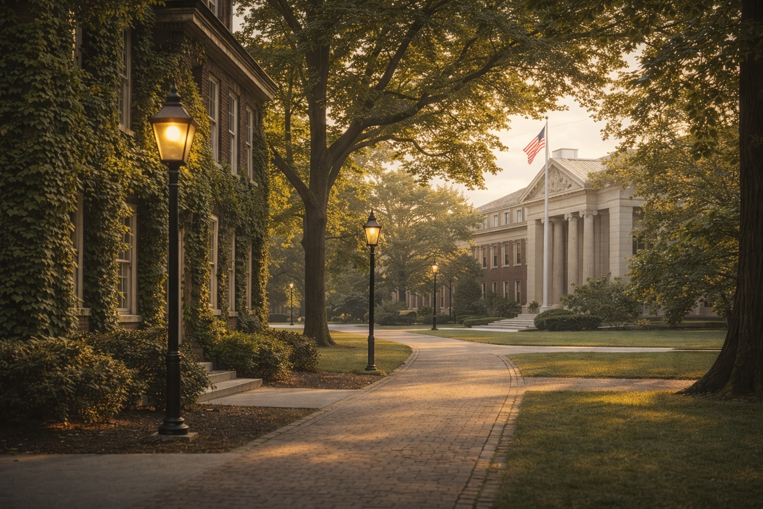 A peaceful university campus in the early evening with a brick pathway, vintage street lamps lit along the path, green trees, and classical-style stone buildings, one with an American flag flying on top.