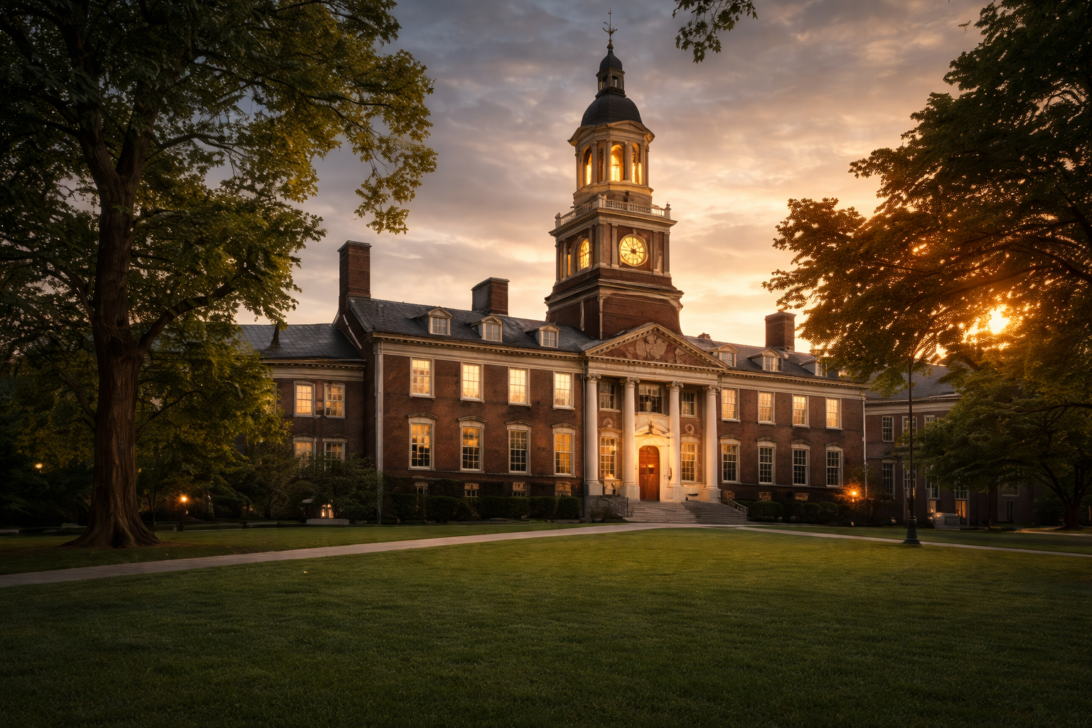 A large brick university building with a clock tower at sunset, surrounded by trees and a well-maintained lawn.