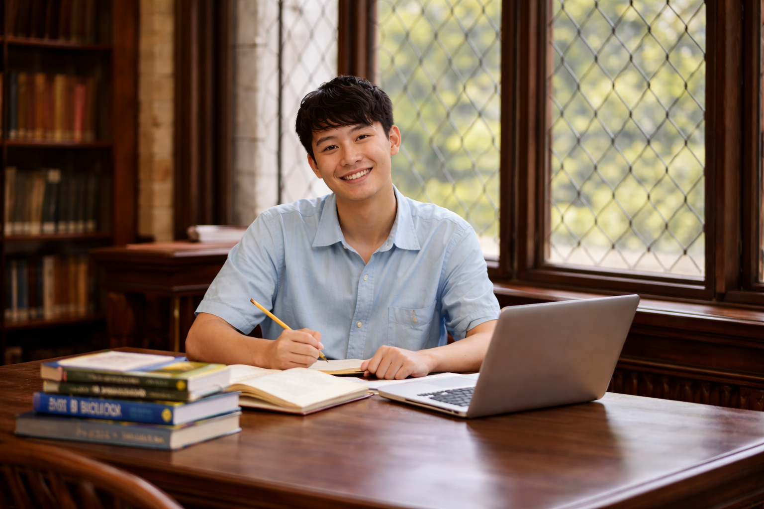 A young man sitting at a wooden desk in a library, smiling, with books, an open notebook, a pencil, and a laptop in front of him, near large windows with a view of trees outside.