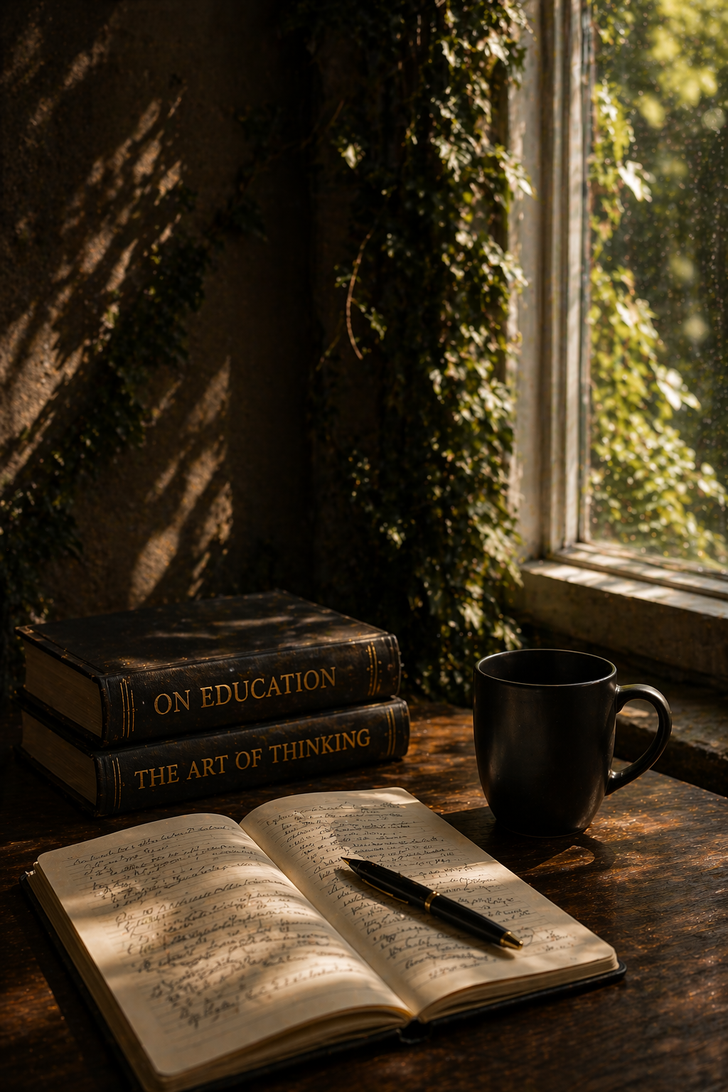 Open notebook, pen, black mug, and two hardcover books titled 'On Education' and 'The Art of Thinking' on a wooden desk by a sunlit window with ivy outside.