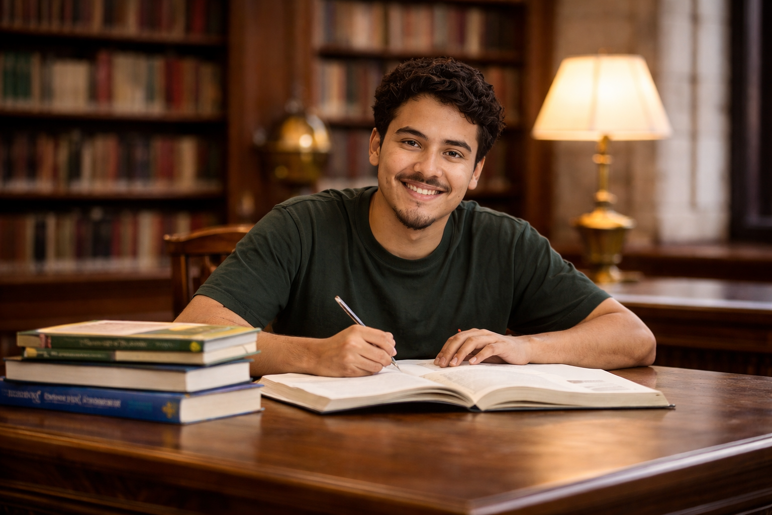 A young man with dark curly hair and a mustache sitting at a wooden table, smiling, with open books and a pen in his hand, in a library with bookshelves and a lamp in the background.