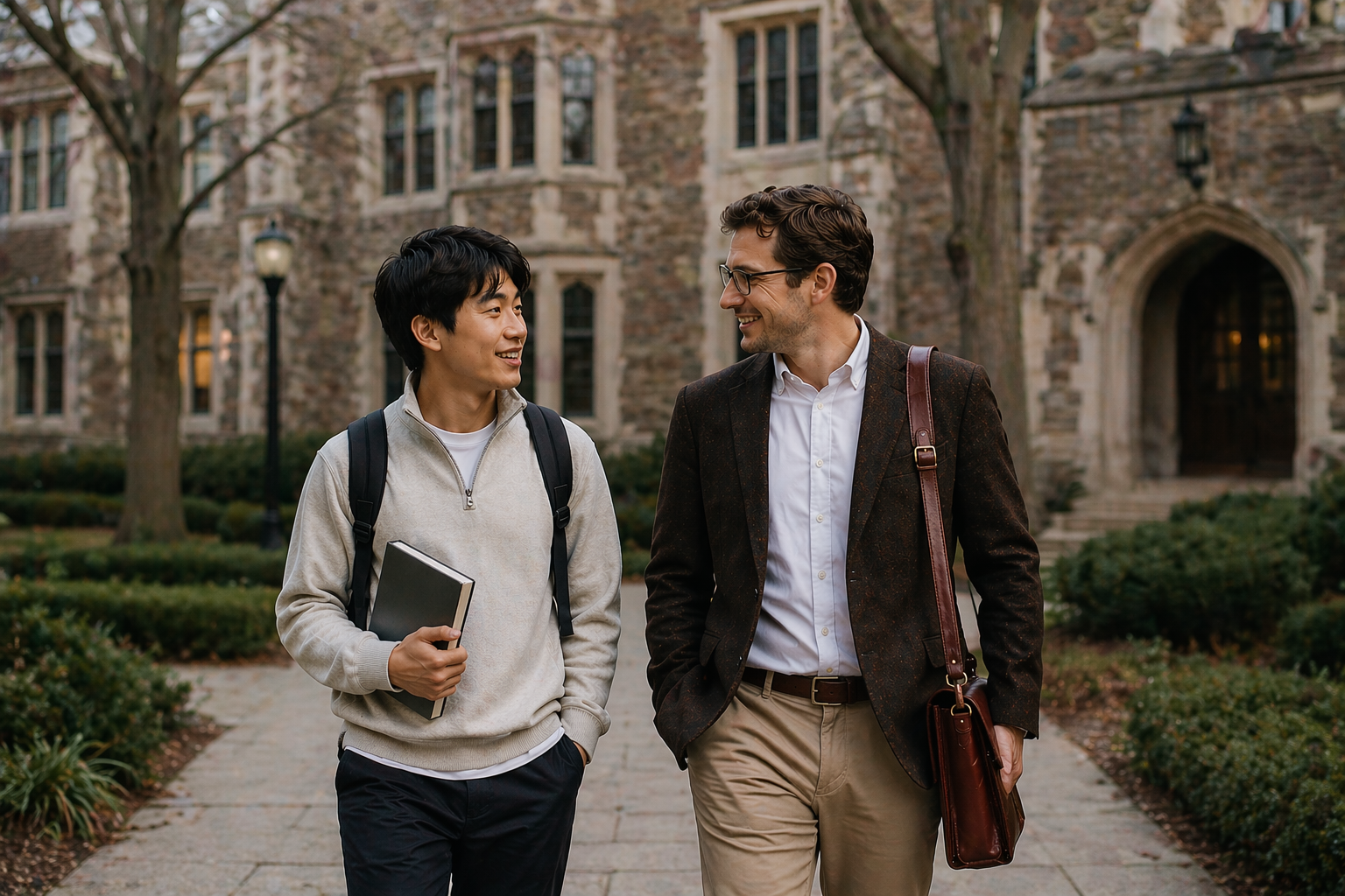 Two men walking and talking on a college campus, smiling, with historic brick buildings in the background.