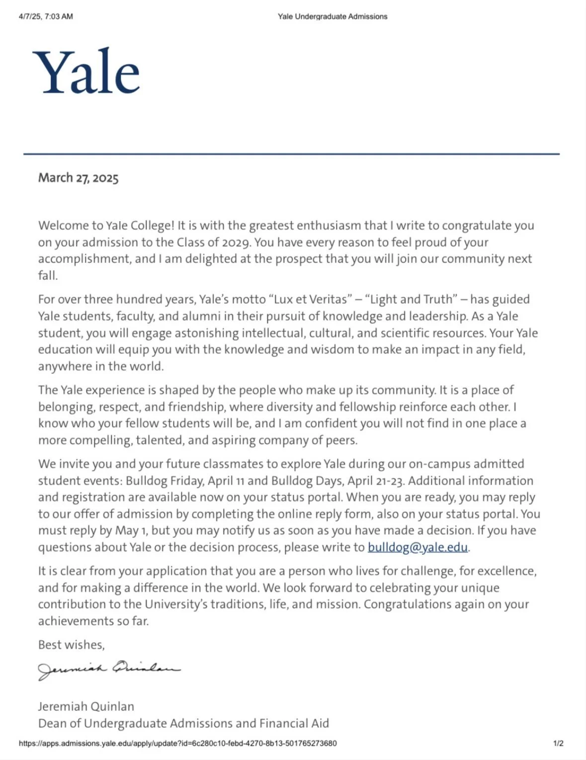 Letter from Yale University Admissions congratulating a student on their admission to the Class of 2029, dated March 27, 2025, signed by Jeremiah Quinlan.
