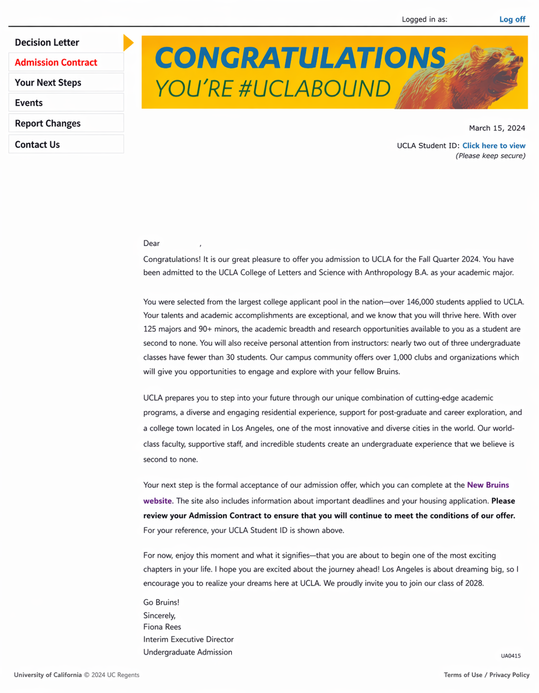 Screenshot of a university acceptance letter from UCLA with a congratulatory banner and lion mascot. The letter congratulates the recipient on their admission for Fall Quarter 2024 and outlines next steps and information about the university.