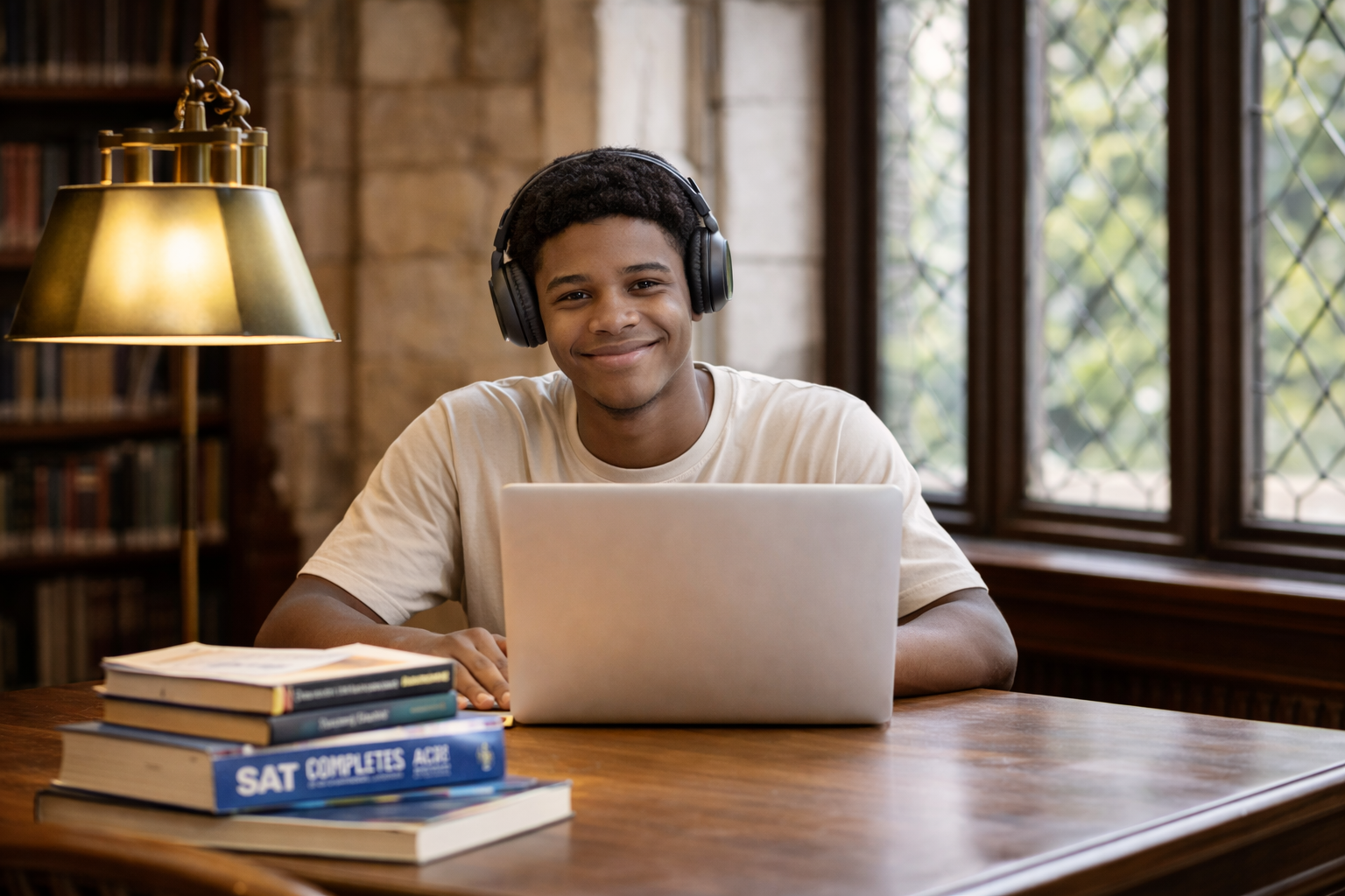 A young man with headphones sitting at a desk with a laptop, books, in a library or study room with large windows.
