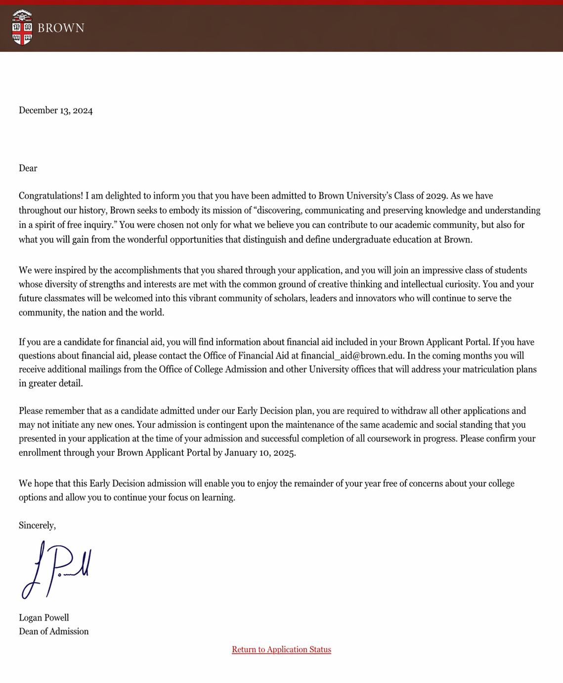 Acceptance letter from Brown University, dated December 13, 2024, congratulating the recipient on their admission to the Class of 2029 and providing information about financial aid and early decision requirements.