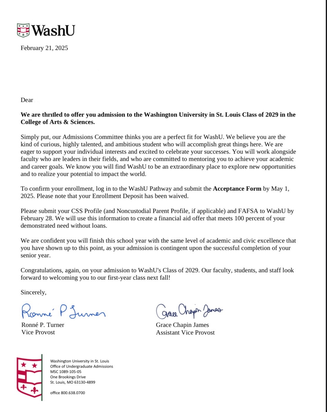 Official letter from Washington University in St. Louis offering admission to the Class of 2029, dated February 21, 2025, with signatures from Ronné P. Turner and Grace Chapin James, and the university's logo and address at the bottom.