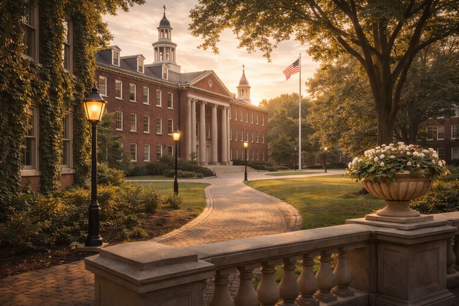 A brick university building with classical columns, a clock tower, and a steeple, with a path leading to its steps. An American flag flies on a flagpole nearby, surrounded by trees and street lamps at sunset.