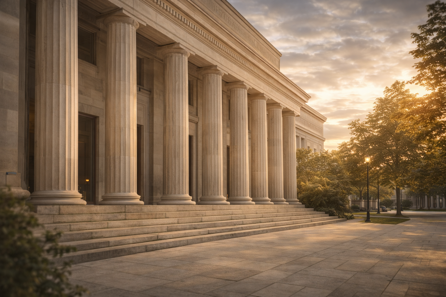 The image shows the steps and columns of a classical government or courthouse building at sunset, with trees and a streetlamp visible in the background.