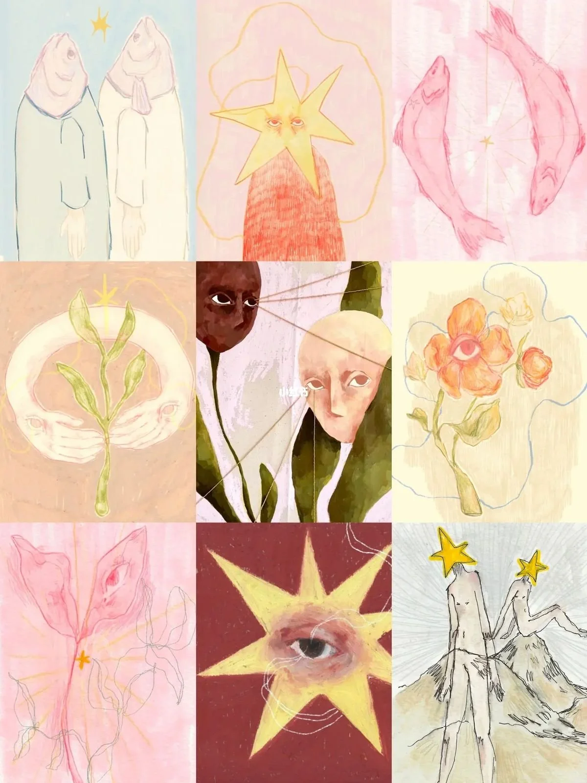 Collection of abstract, surreal artwork with various mystical and spiritual motifs. Features include fish, stars, human faces with elongated features, a flower with an eye, hands with stars, and celestial elements in pastel and earthy tones.