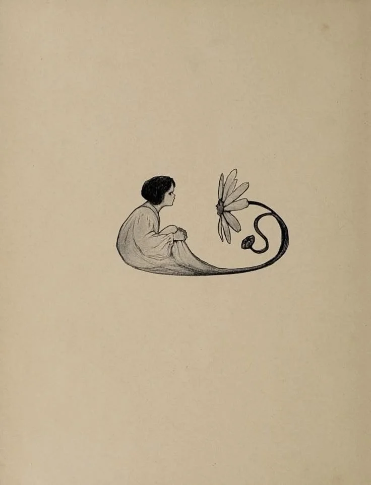 A drawing of a girl sitting with her knees pulled up, looking at a flower with wings that has a long, curving stem.