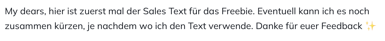 Der Text auf dem Bildschirm erklärt, dass es sich um den ersten Verkaufstext für ein Freebie handelt und dass er bei Bedarf gekürzt werden kann, basierend auf der Verwendung.