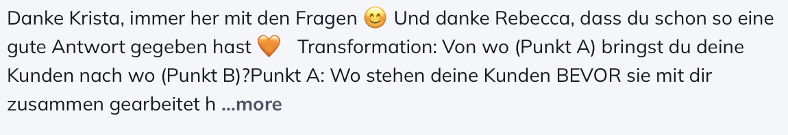 Text auf einem Bildschirm mit Dankesbotschaft an Krista und Rebecca, inklusive Emojis, über Kundenmanagement und Transformation