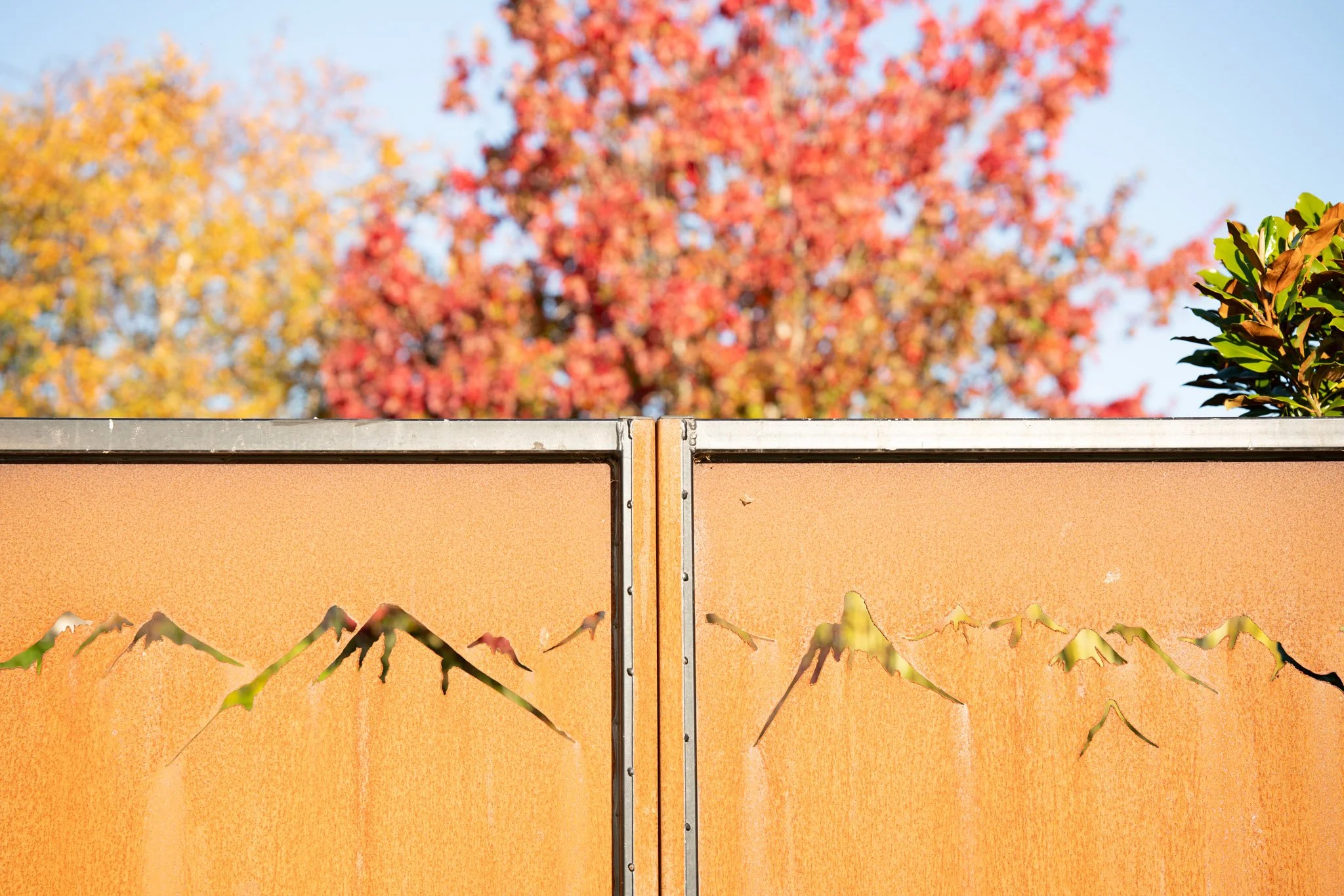 Orange decorative fence with leaf cutouts, metal divider, with blurred autumn trees in the background.