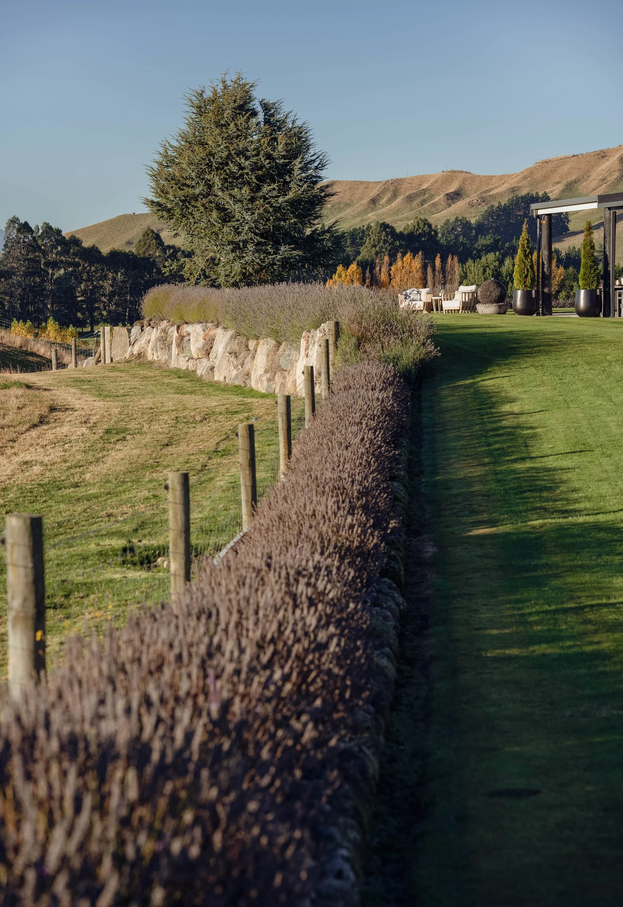 Landscaped garden path with hedges, fencing, and rolling hills.