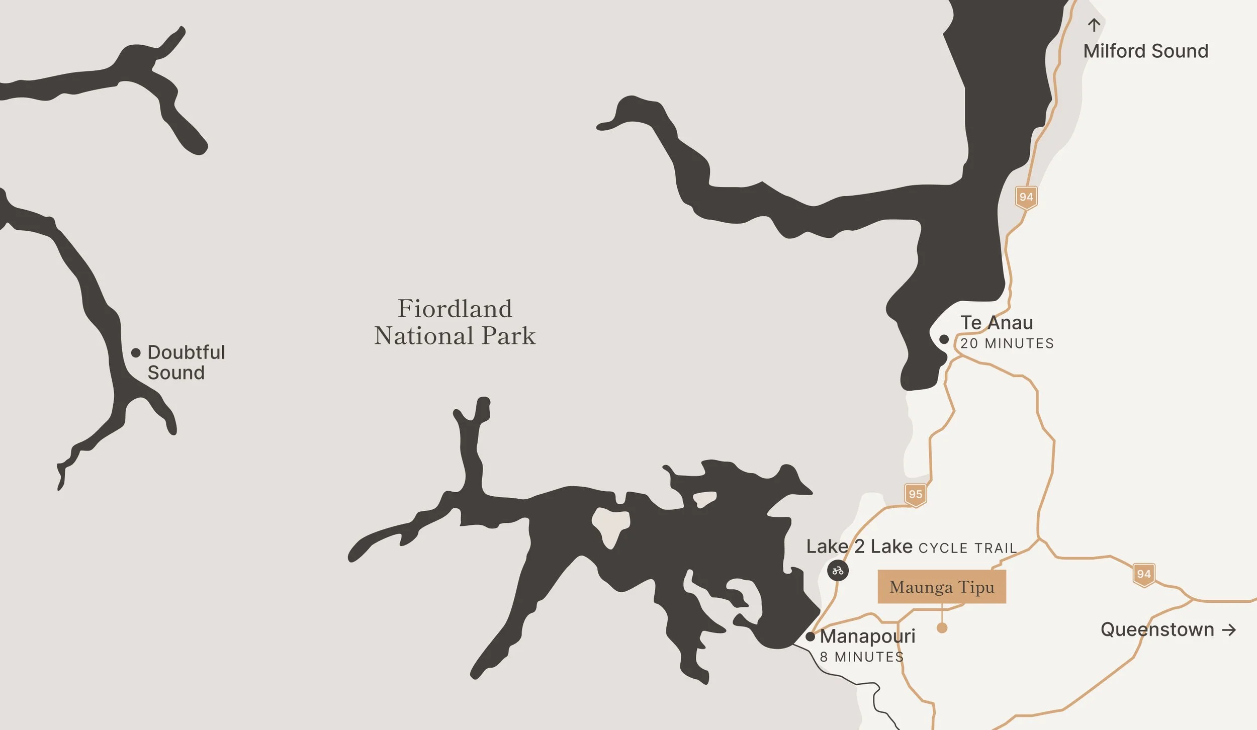 Map of Fiordland showing Maunga Tipu location near Manapouri, 8 minutes from Manapouri and the Doubtful Sound departure wharf, 15 minutes from the Kepler Track, and 20 minutes from Te Anau, the gateway to Milford Sound