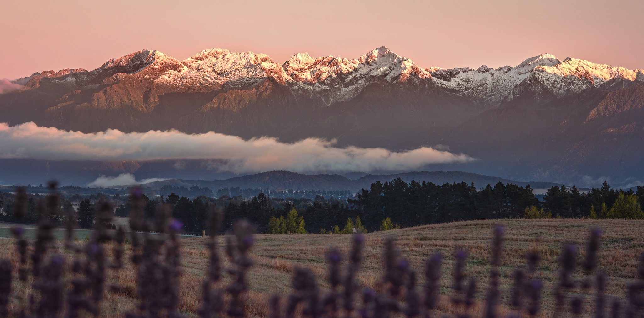 Snow-capped peaks and misty valleys across Fiordland National Park, the dramatic alpine landscape surrounding Maunga Tipu near Manapouri