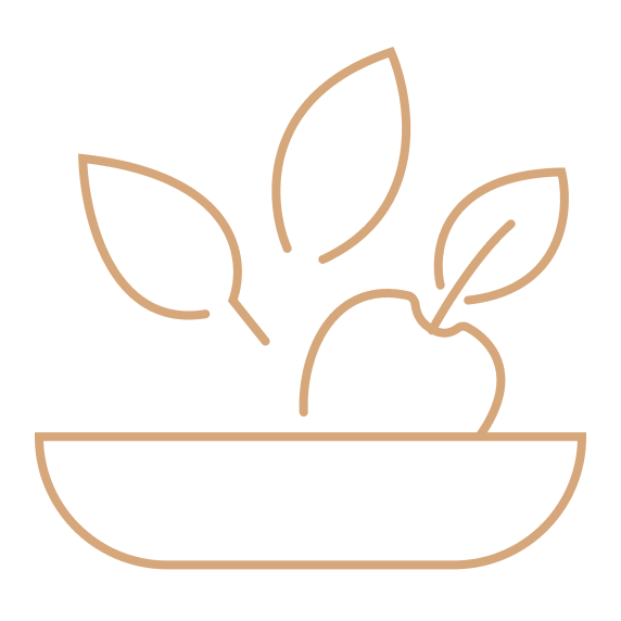 Minimalist line drawing of an apple with leaves in a bowl or dish.